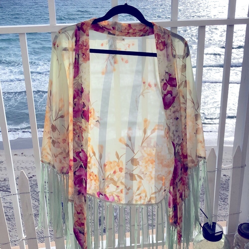 Beautiful floral chiffon fringe print coverup